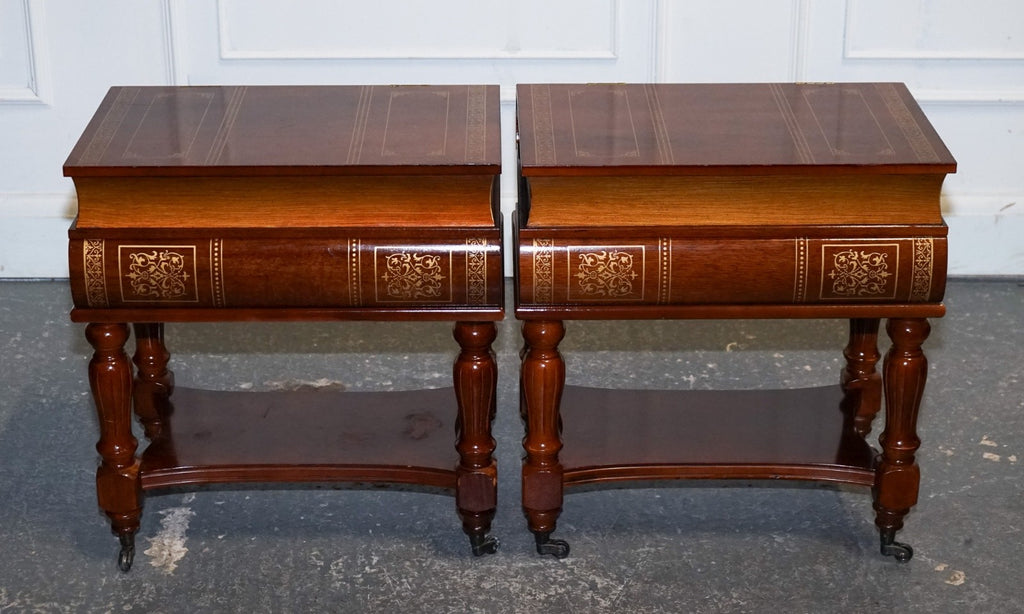 MATCHING PAIR OF WOODEN FAUX BOOKS STACK SIDE END WINE TABLES WITH STORAGE