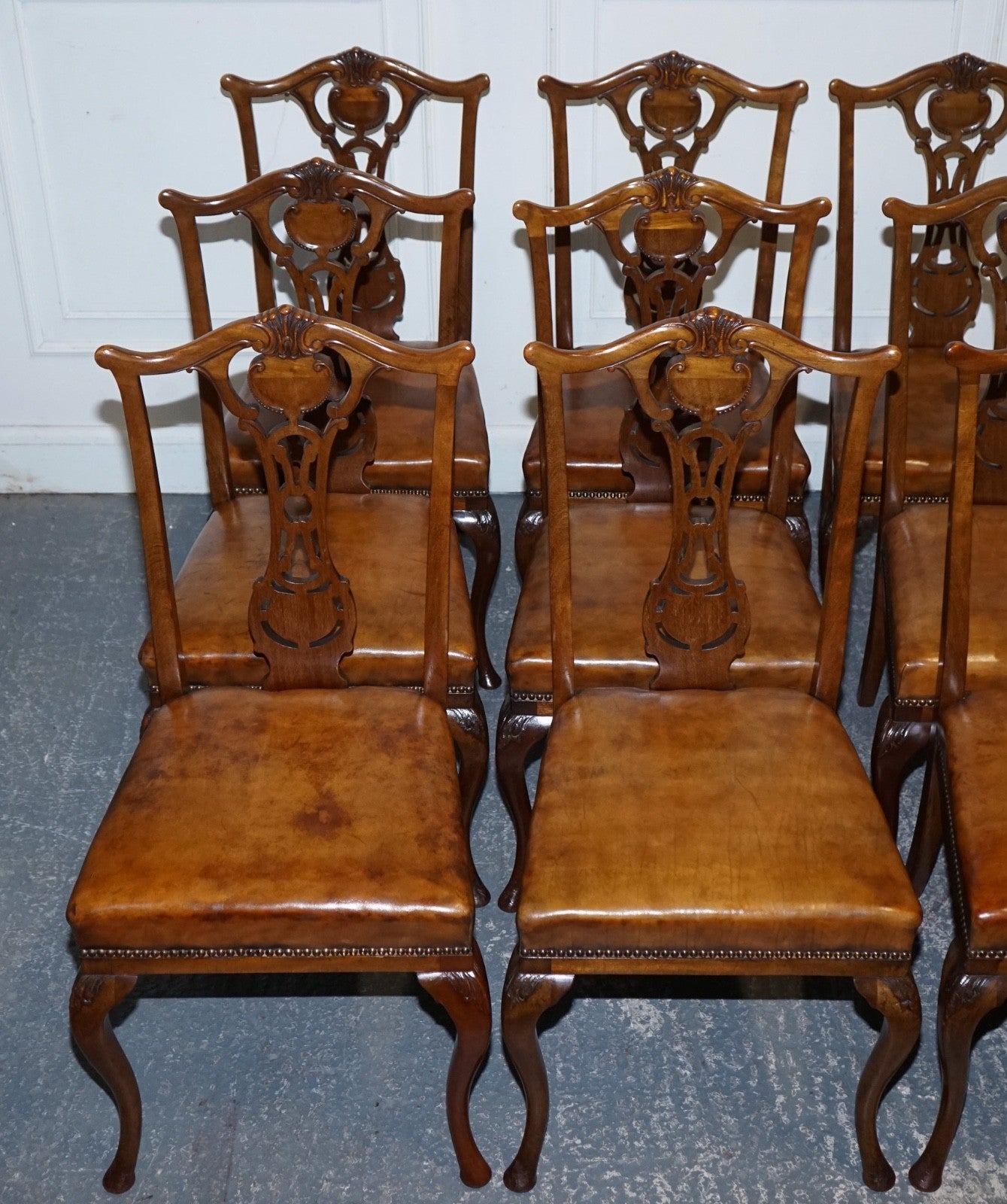 SCOTTISH VICTORIAN SET 12 RESTORED DYED LEATHER DINING CHAIRS BY JOHN TAYLOR