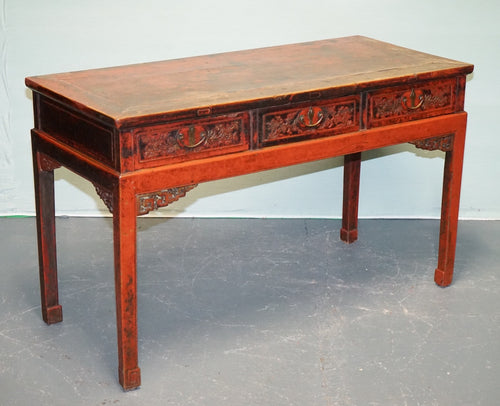 1800 ANTIQUE QING DYNASTY LACQUERED ORIENTAL CHINESE CONSOLE TABLE CARVED FLORAL