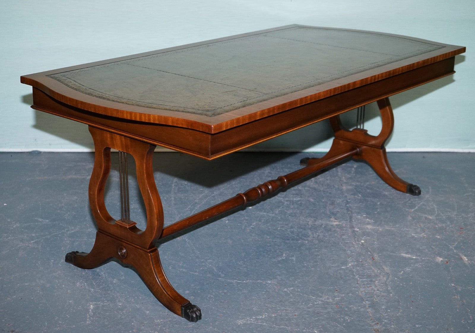 LARGE VINTAGE HUNTER GREEN LEATHER TOP COFFEE TABLE