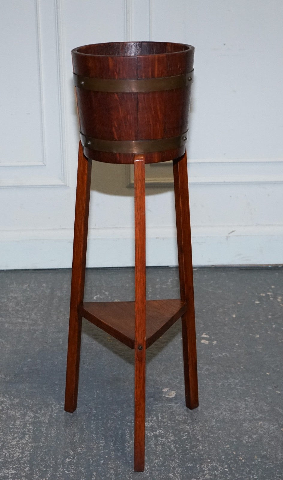 ANTIQUE EDWARDIAN OAK PLANT OR CHAMPAGNE STAND BY R.A. LISTER & CO ENGLAND