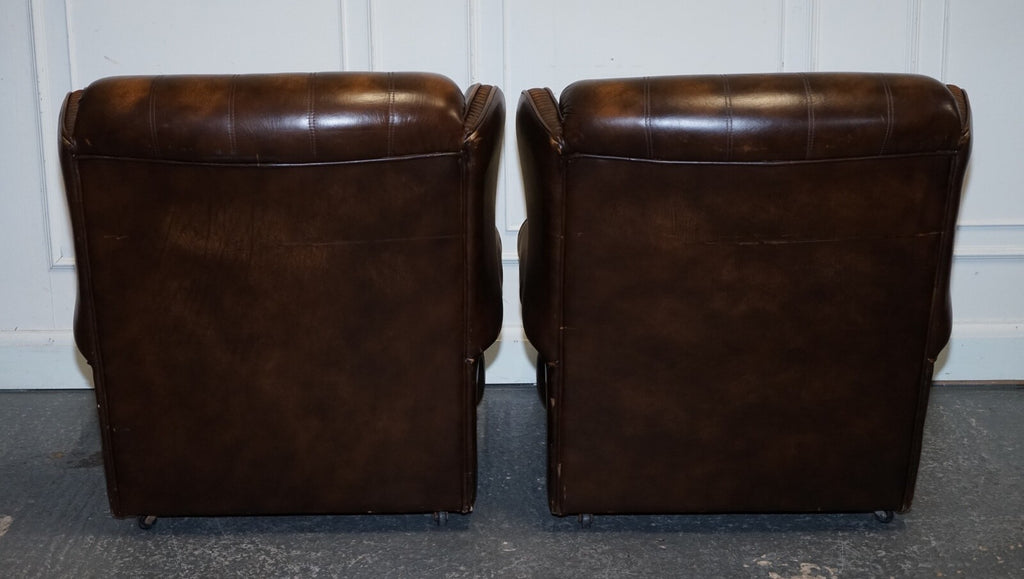 VINTAGE PAIR OF BRITISH MADE BROWN AGED LEATHER MONK CHESTERFIELD ARMCHAIRS