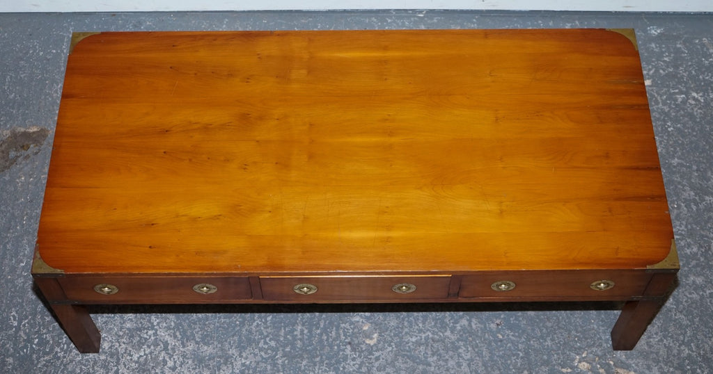 VINTAGE BURR YEW WOOD BRASS MILITARY CAMPAIGN 3 DRAWER COFFEE TABLE