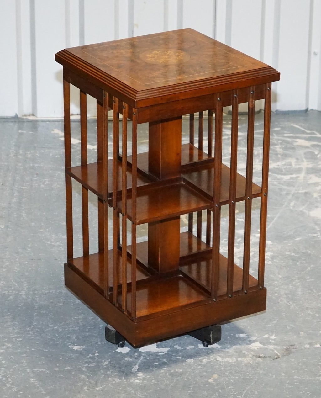 VINTAGE BURR WALNUT TOP REVOLVING BOOKCASE RAISED ON CASTORS