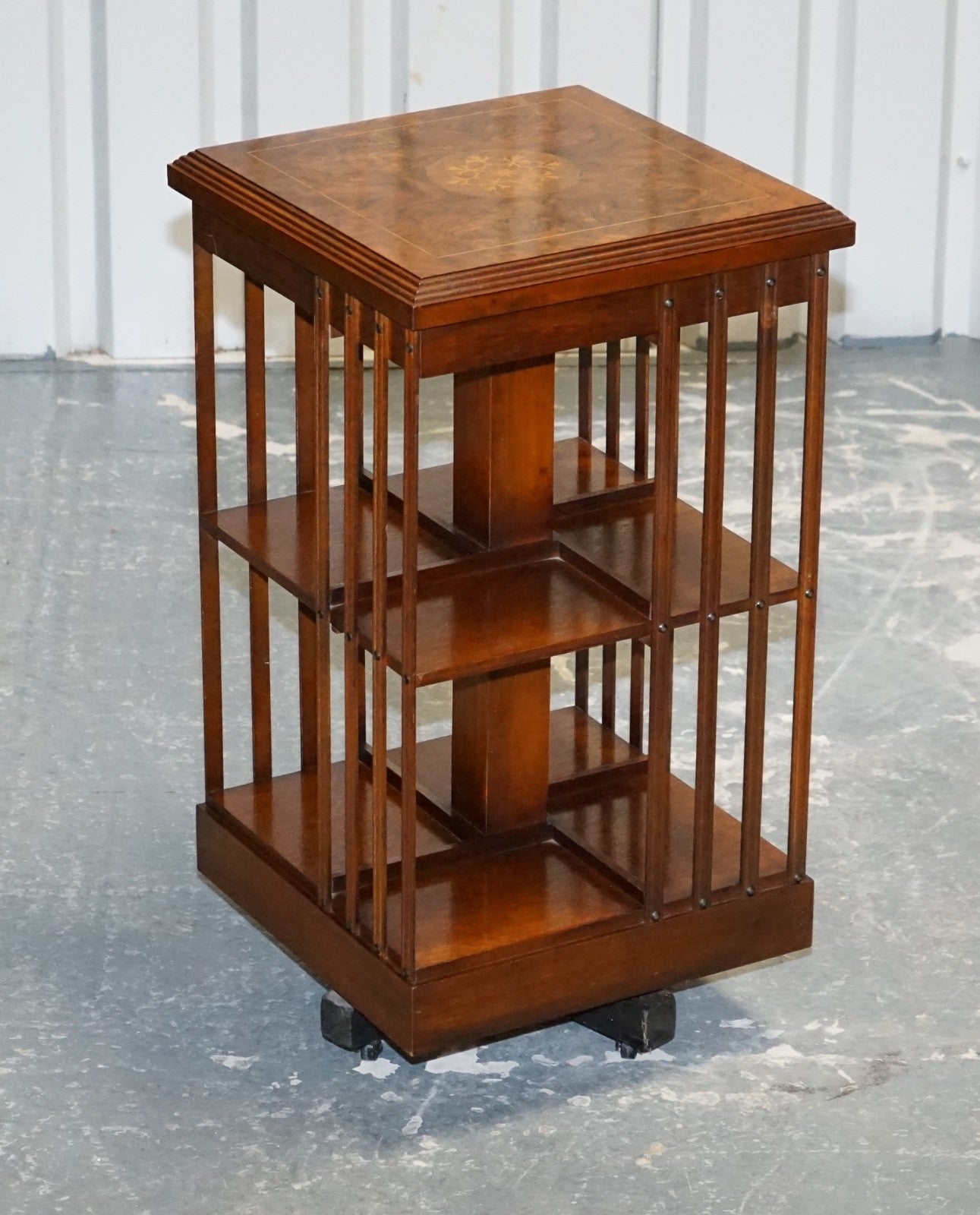 VINTAGE BURR WALNUT TOP REVOLVING BOOKCASE RAISED ON CASTORS