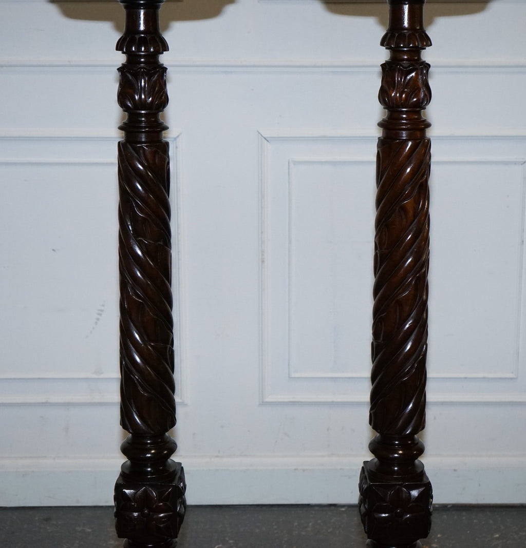 RESTORED PAIR OF EARLY VICTORIAN ENGLISH PEDESTALS WITH WHITE MARBLE TOPS 145 CM