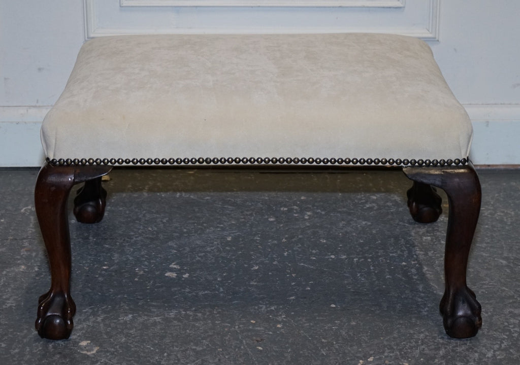 ANTIQUE EARLY VICTORIAN CLAW AND BALL FEET FOOTSTOOL WITH WHITE SUEDE TOP