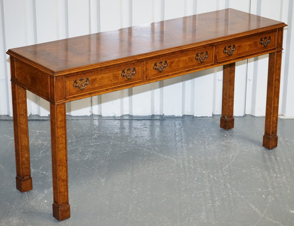 GEORGIAN STYLE BRIGHTS OF NETTLEBED LONDON BURR WALNUT CONSOLE TABLE