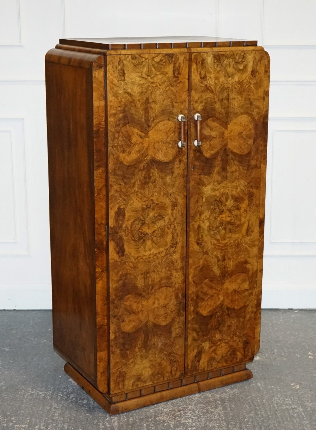 STUNNING ART DECO 1920'S PETITE BURR WALNUT TWO DOOR WARDROBE OR AMOIRE