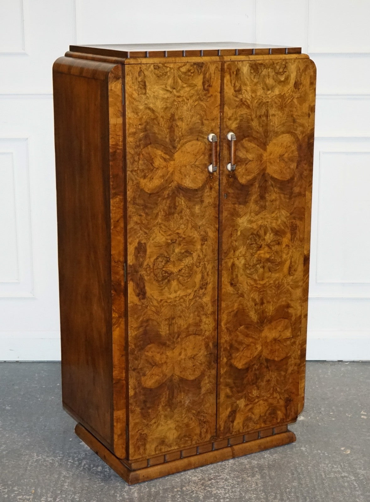 STUNNING ART DECO 1920'S PETITE BURR WALNUT TWO DOOR WARDROBE OR AMOIRE