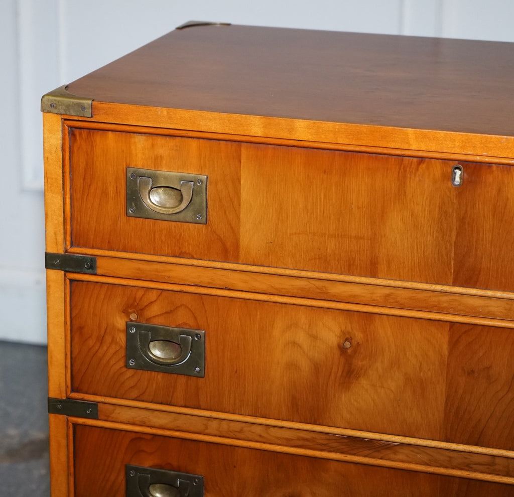 VINTAGE MILITARY CAMPAIGN YEW WOOD SECRETARY CHEST OF DRAWERS WiTH BRASS HANDLES