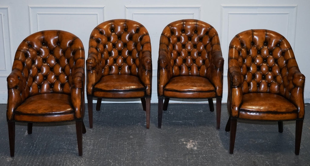 SET OF FOUR ENGLISH CHESTERFIELD HAND DYED LEATHER OFFICE LIBRARY TUB CHAIRS