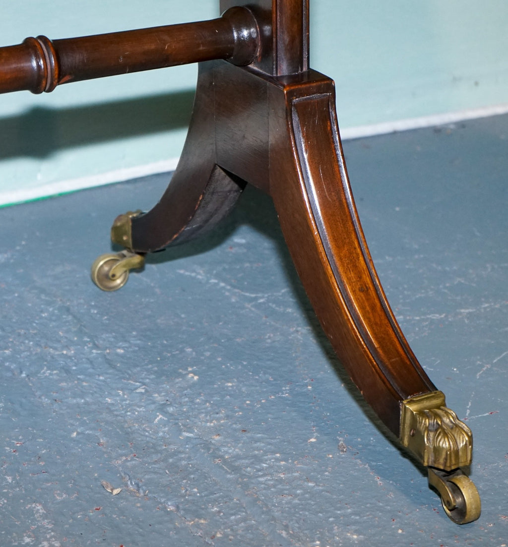VINTAGE HARDWOOD DROP LEAF SIDE TABLE WITH SABER LEGS AND BRASS PAW FEET