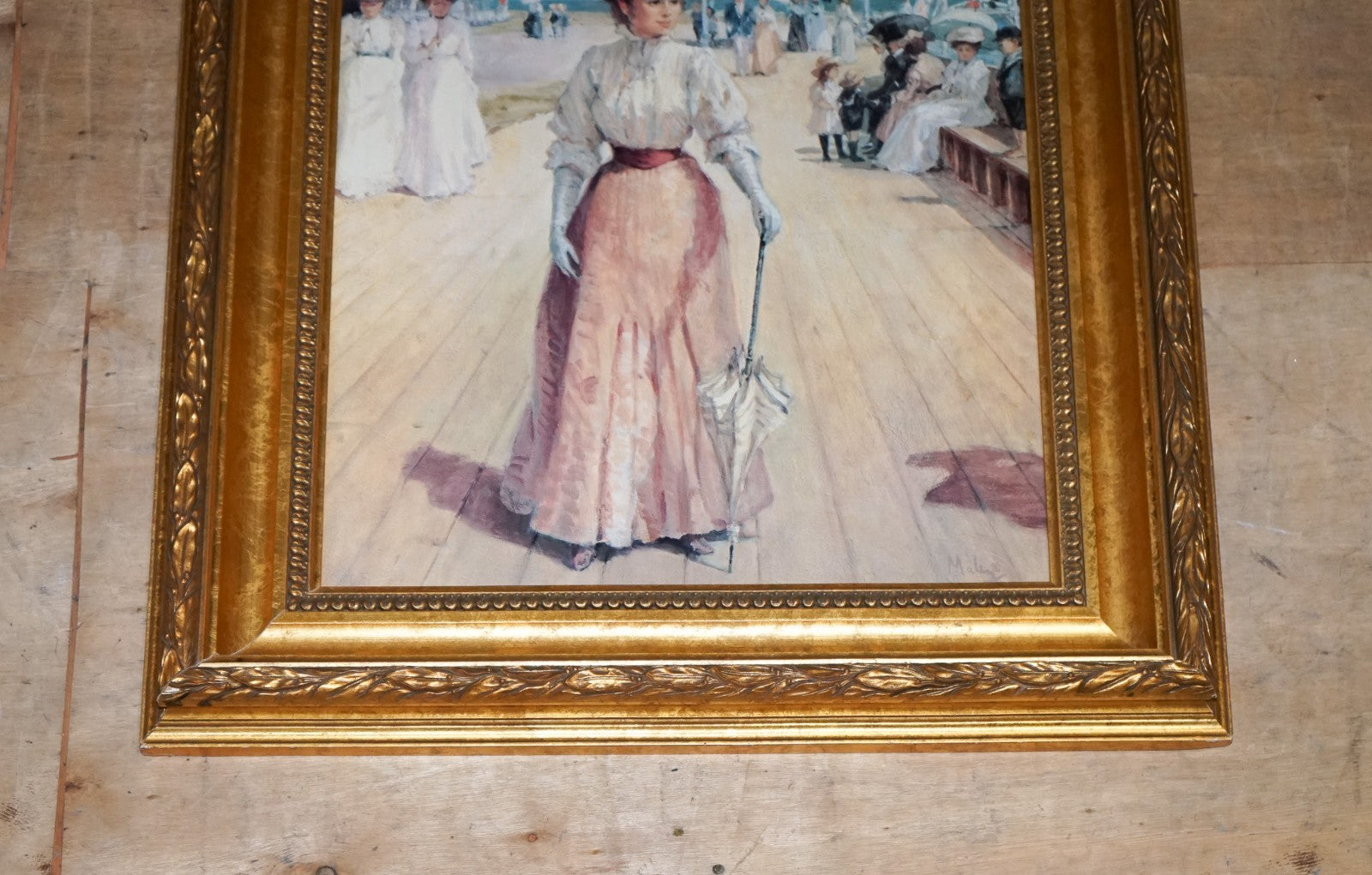 VINTAGE PAINTING VICTORIAN STYLE LADY ON PIER PRINT BY ALAN MALEY 80 X 64 CM