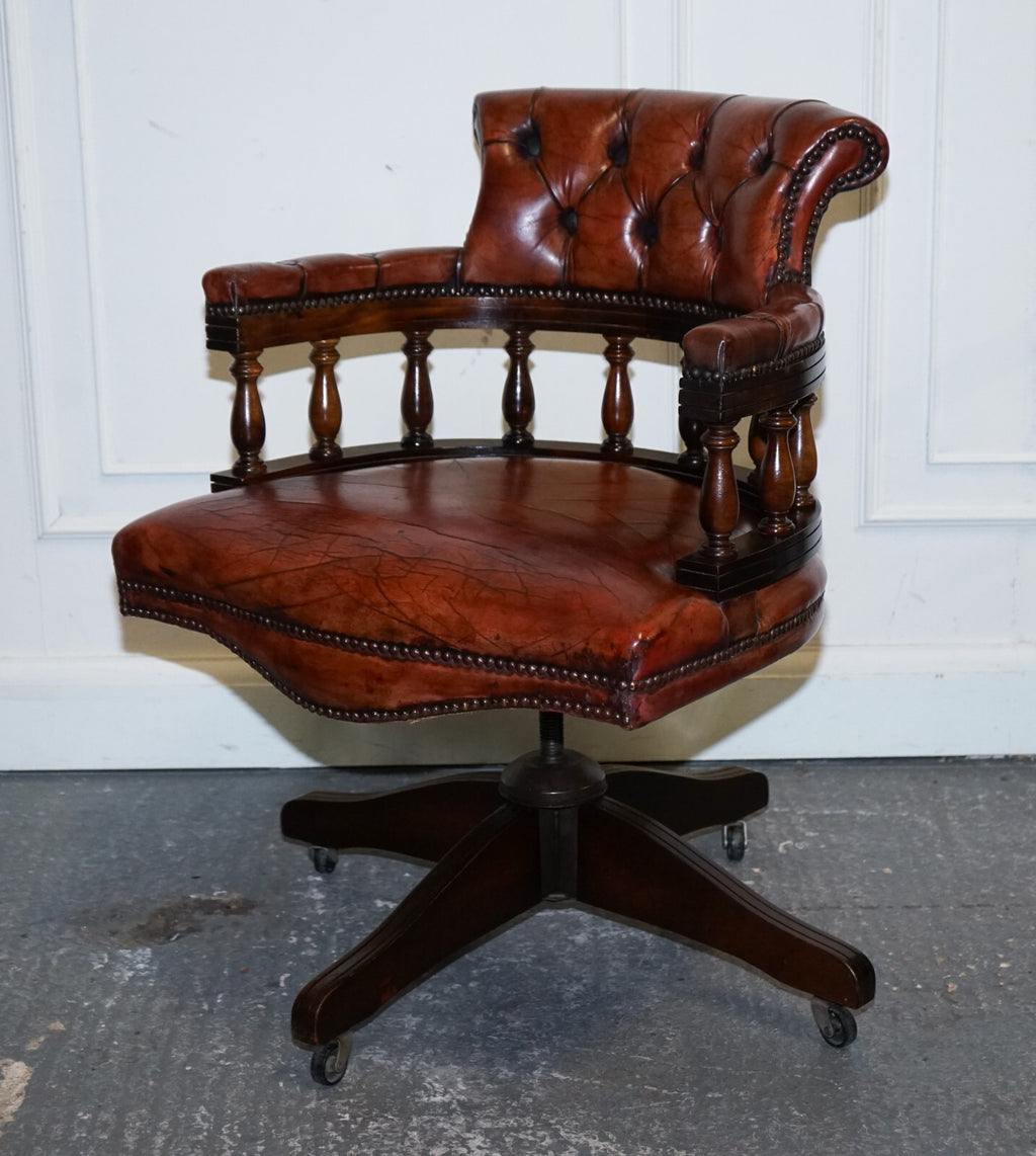 ANTIQUE HAND DYED BROWN LEATHER CHESTERFIELD CAPTAINS OFFICE SWIVEL ARMCHAIR