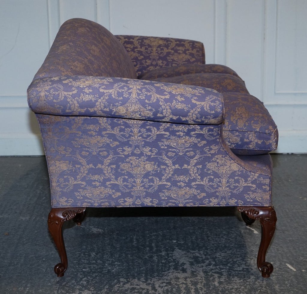 ANTIQUE ENGLISH COUNTRY HOUSE CHIPPENDALE CAMEL BACK FABRIC THREE SEATER SOFA