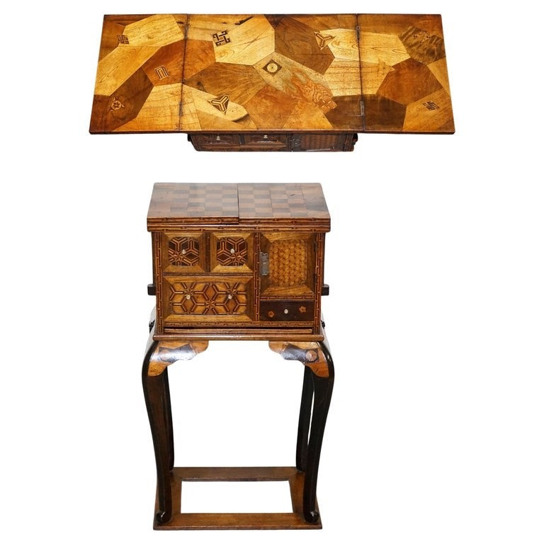 ANTIQUE CIRCA 1800S JAPANESE MARQUETRY GAMES TABLE CABINET ON STAND