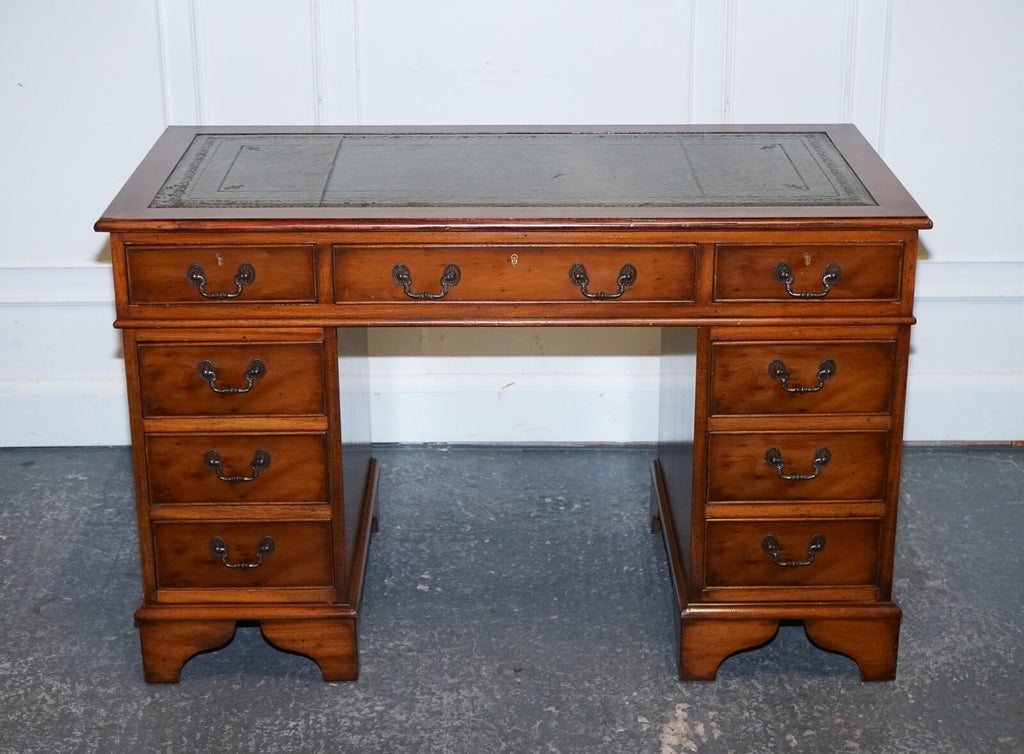 VINTAGE YEW WOOD TWIN PEDESTAL GREEN LEATHER TOP DESK