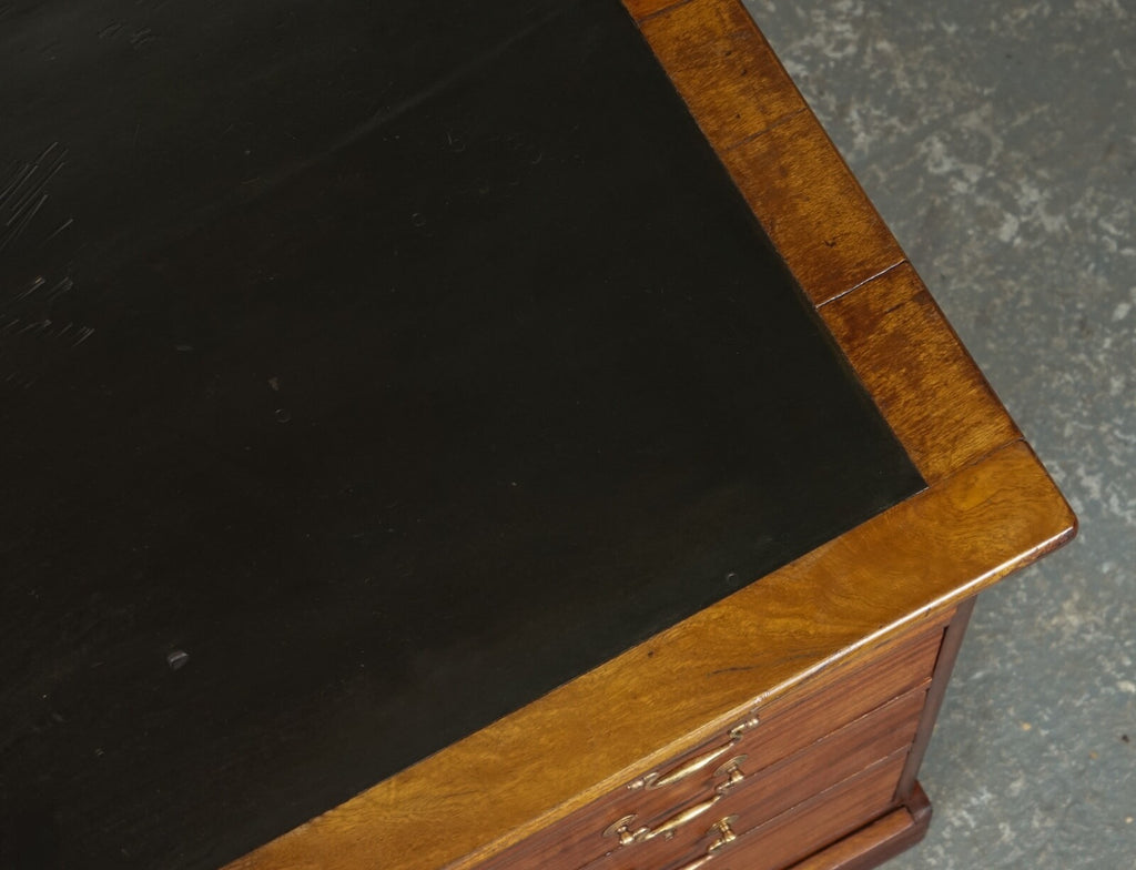 ANTIQUE HUGE DISTRESSED PARTNERS DESK WITH NAVY BLUE LEATHER TOP J1