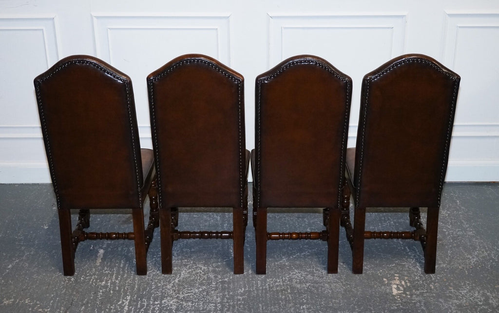 8 RESTORED CROMWELLIAN HAND DYED WHISKEY BROWN LEATHER DINING CHAIRS
