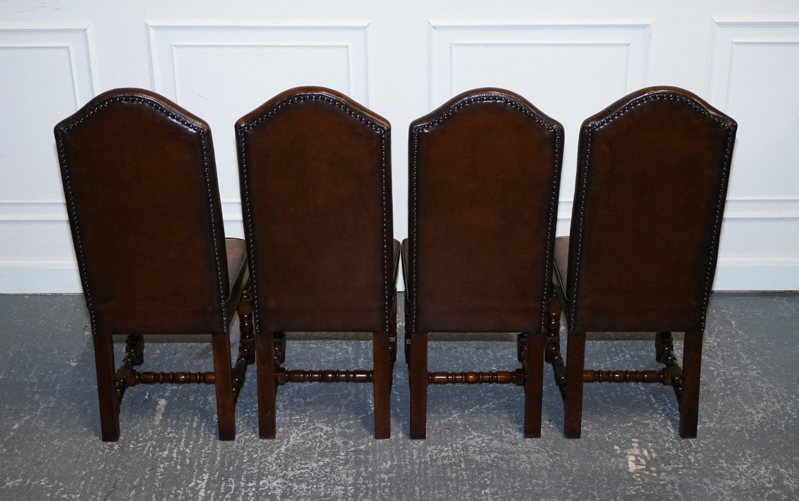 8 RESTORED CROMWELLIAN HAND DYED WHISKEY BROWN LEATHER DINING CHAIRS