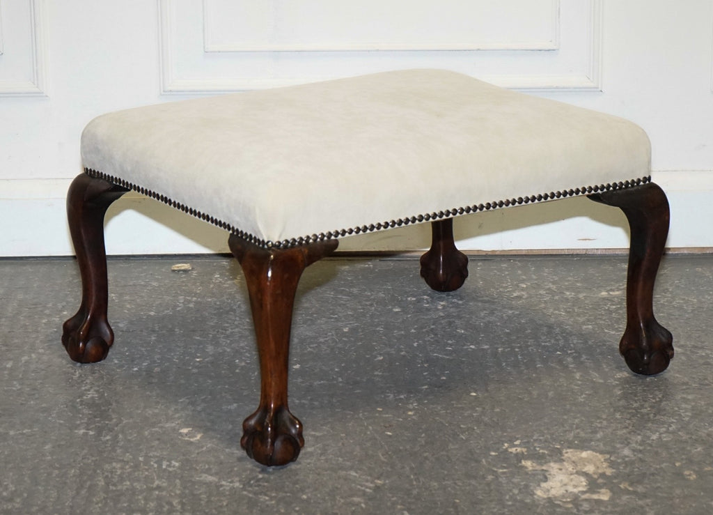 ANTIQUE EARLY VICTORIAN CLAW AND BALL FEET FOOTSTOOL WITH WHITE SUEDE TOP