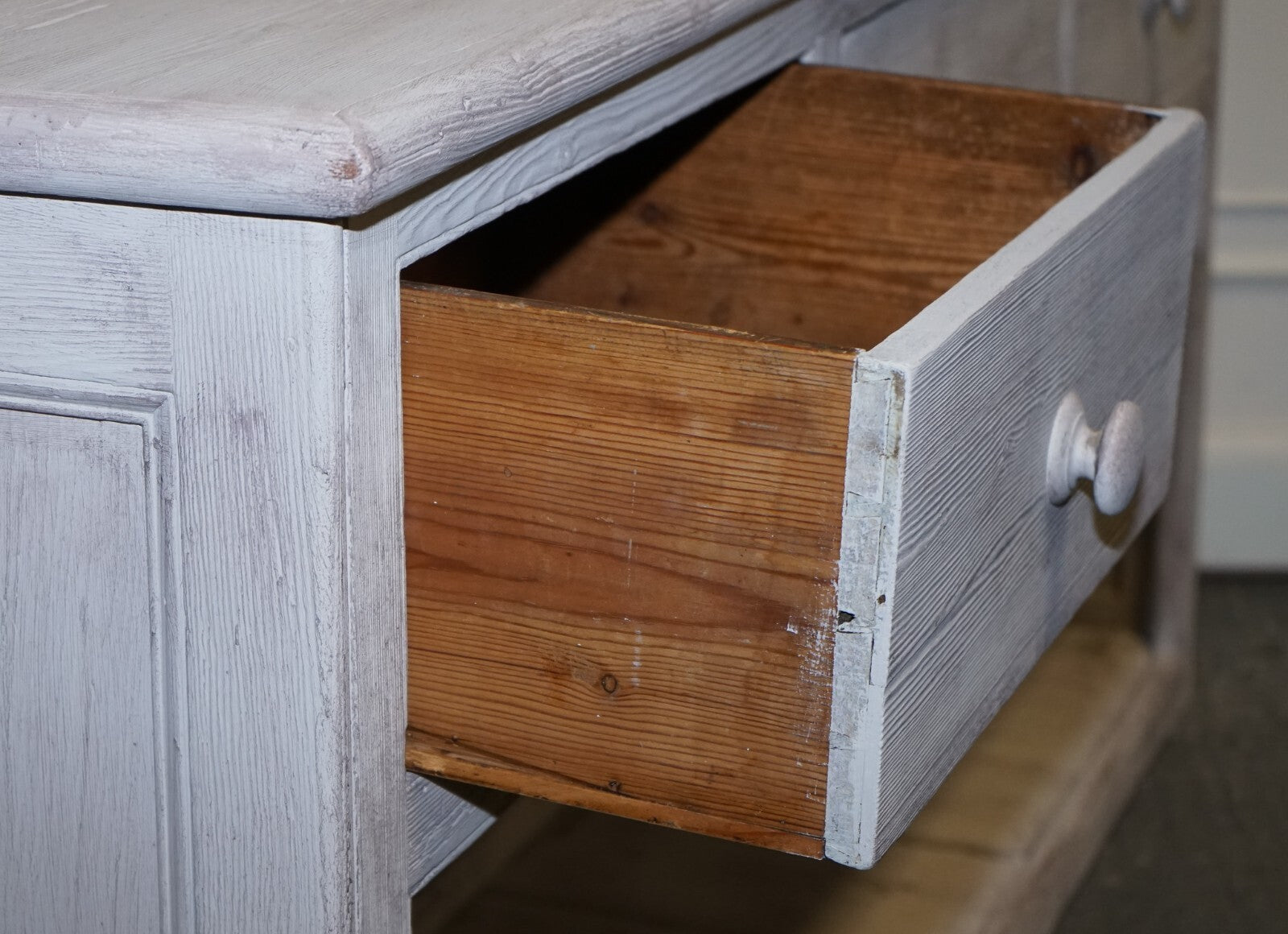 ANTIQUE HAND PAINTED ENGLISH PINE FARMHOUSE SIDEBOARD WITH THREE DRAWERS