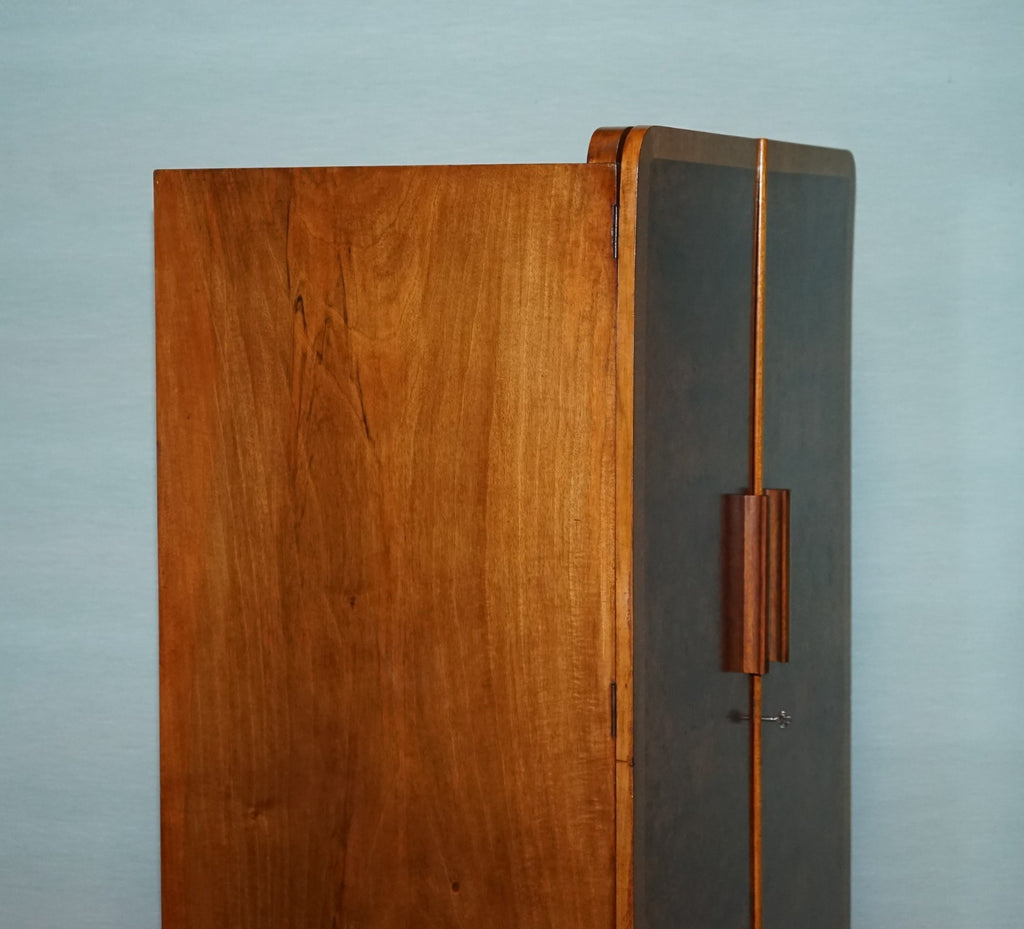 1930s PETITE VINTAGE ENGLISH ART DECO BURR WALNUT DOUBLE WARDROBE LINEN PRESS