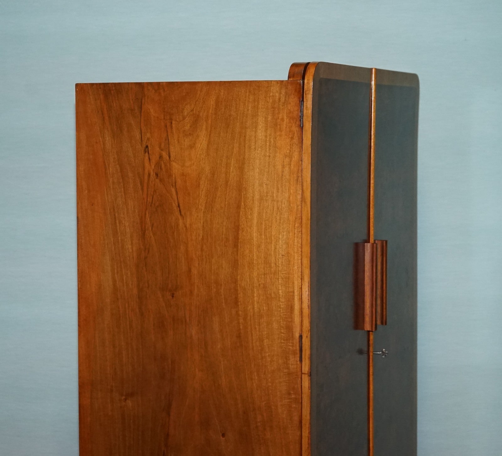 1930s PETITE VINTAGE ENGLISH ART DECO BURR WALNUT DOUBLE WARDROBE LINEN PRESS