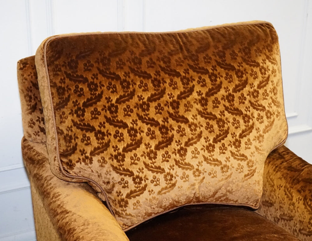 VINTAGE PAIR CUSTOM MADE BROWN GOLD VELVET CONNAUGHT ARMCHAIRS BY DUDGEON LONDON