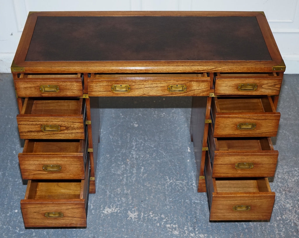 VINTAGE MILITARY CAMPAIGN TWIN PEDESTAL DESK WITH BRASS FITTINGS