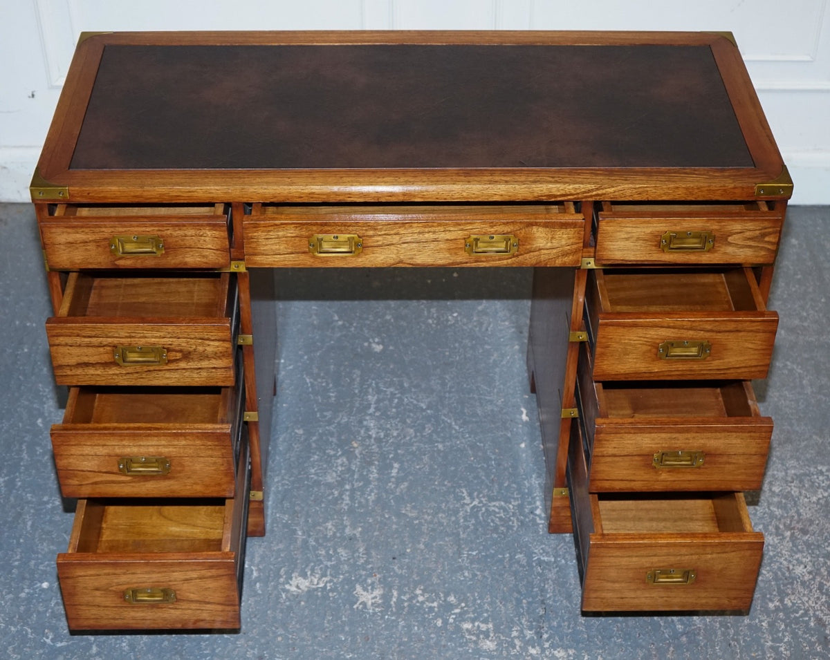 VINTAGE MILITARY CAMPAIGN TWIN PEDESTAL DESK WITH BRASS FITTINGS