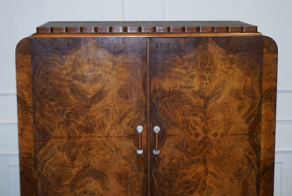 STUNNING ART DECO 1920 LARGE BURR WALNUT TWO DOOR WARDROBE OR AMOIRE