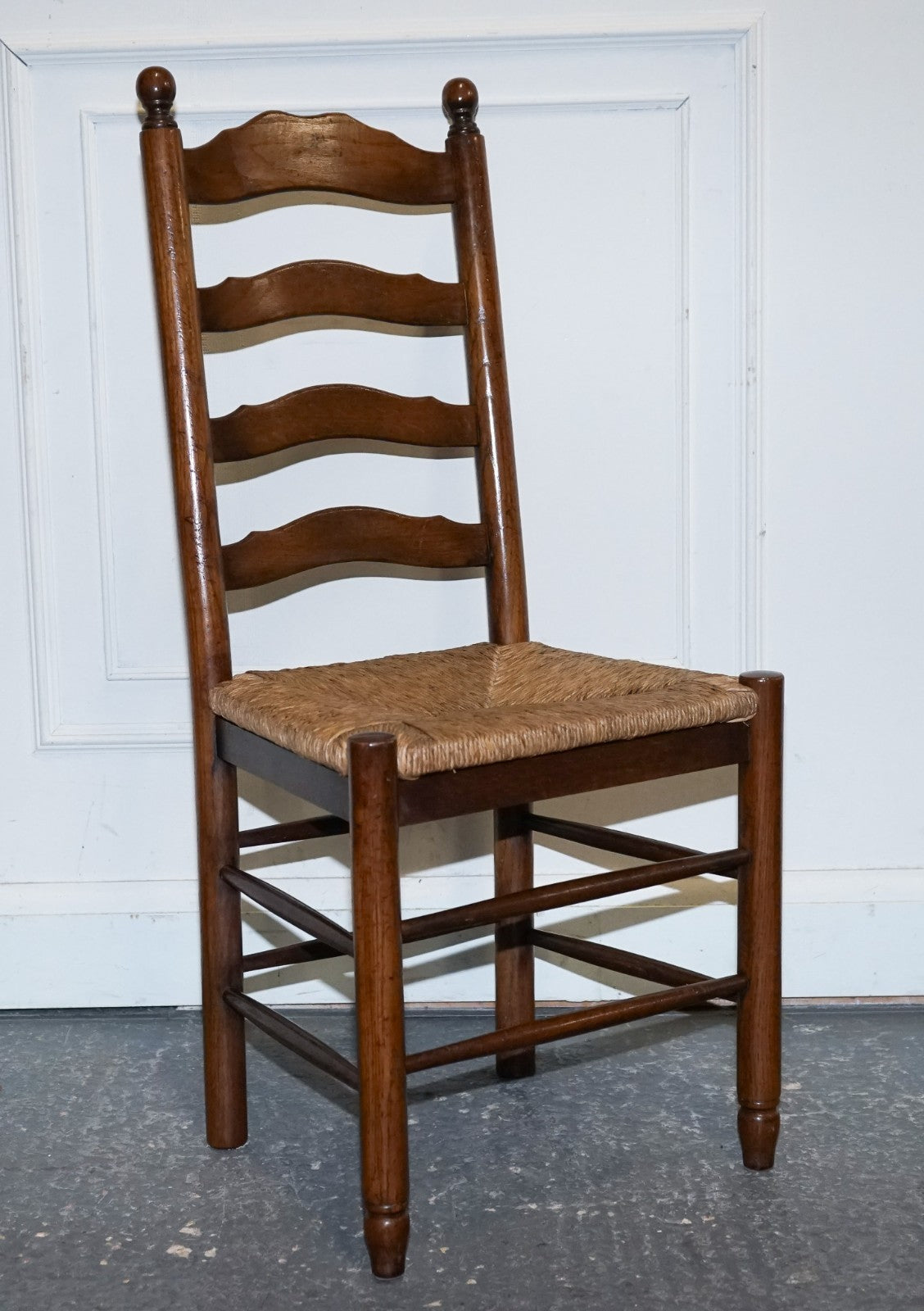 SET OF SIX ANTIQUE ENGLISH 19TH CENTURY LADDERBACK RUSH SEAT DINING CHAIRS