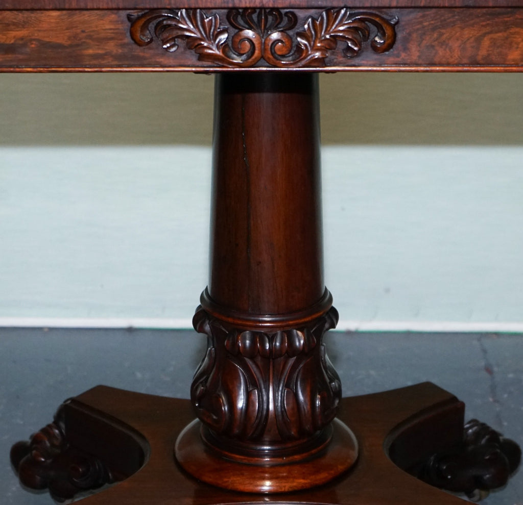 ANTIQUE 1830s WILLIAM IV FOLDING PEDESTAL CARD GAME TABLE CARVED PAW BASE