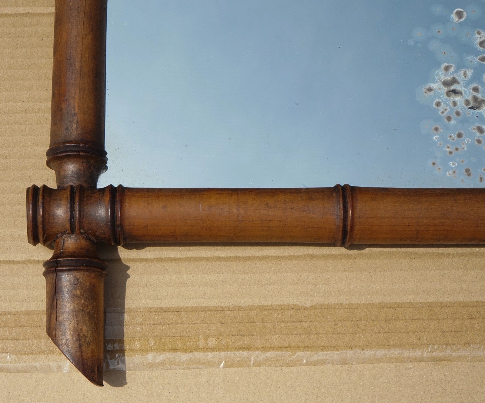 LARGE FRENCH ANTIQUE DECORATIVE FAUX BAMBOO WALL MiRROR WITH HEAVILY FOXED GLASS