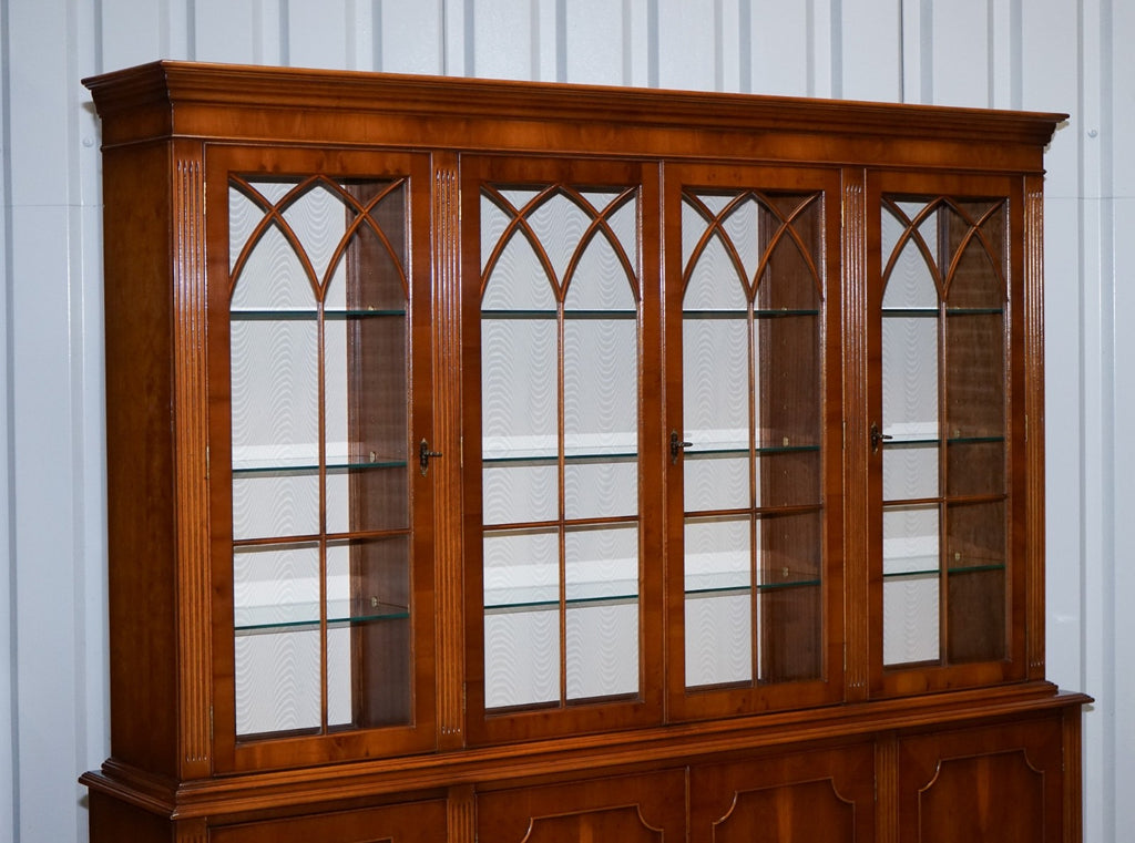 ANTIQUE GEORGIAN STYLE YEW WOOD FOUR DOOR DISPLAY CABINET BOOKCASE