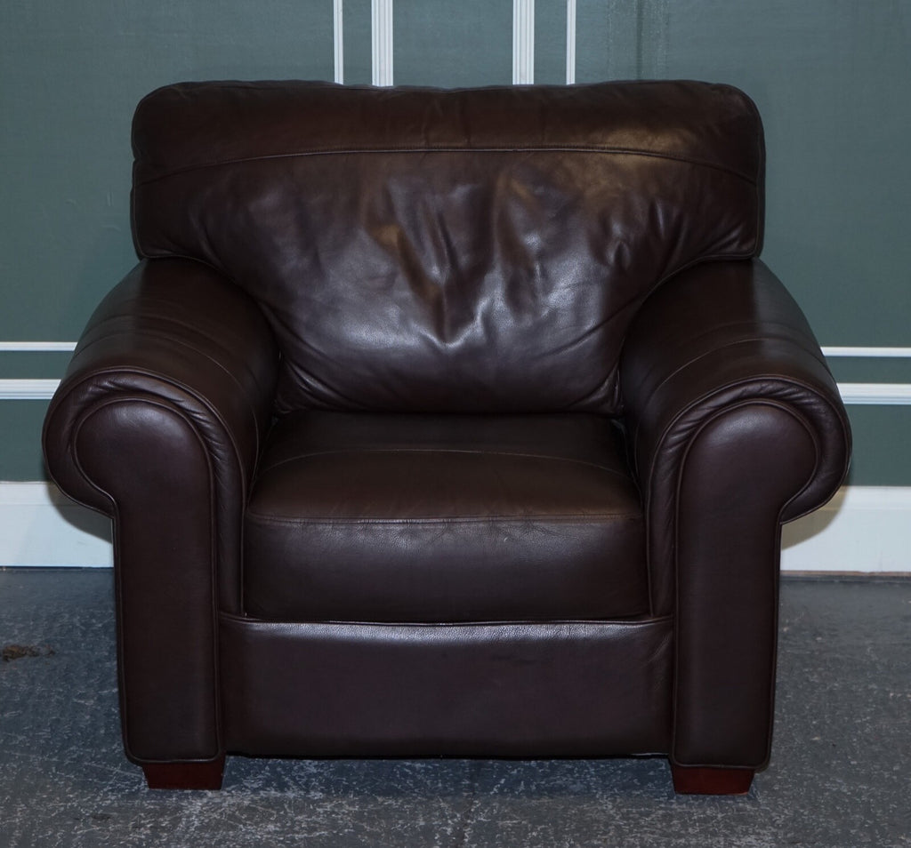 PAIR OF LARGE COMFORTABLE BROWN LEATHER ARMCHAIRS, MATCHING SOFA AVAILABLE