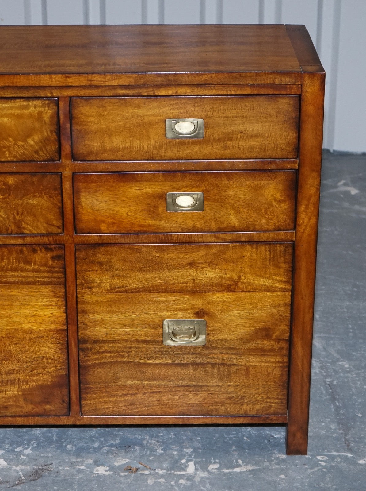 VINTAGE HARDWOOD & BRASS MILITARY CAMPAIGN STYLE BANK OF DRAWERS SIDEBOARD
