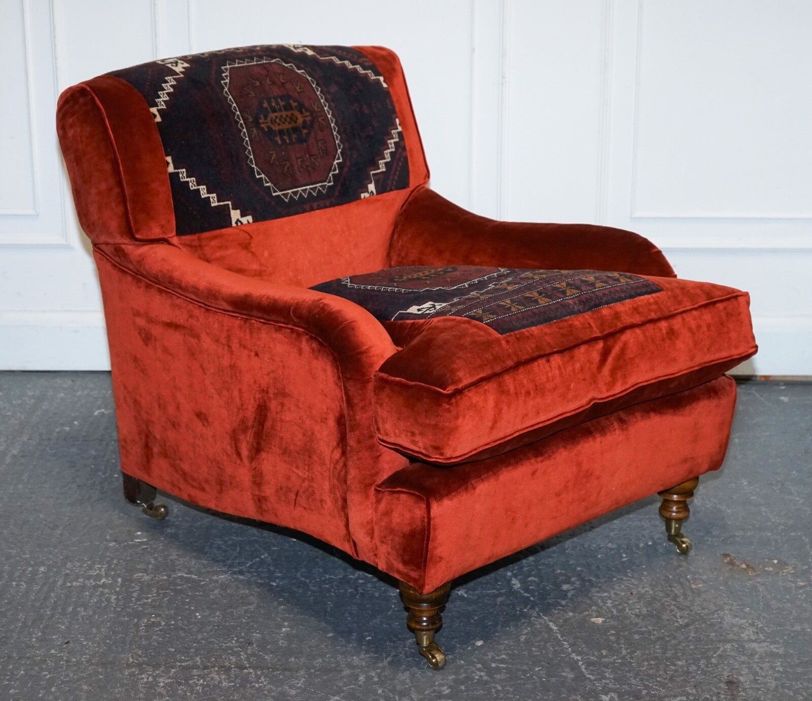VINTAGE RED VELVET & AZTEC KILIM UPHOLSTERED HOWARD GEORGE SMITH STYLE ARMCHAIR