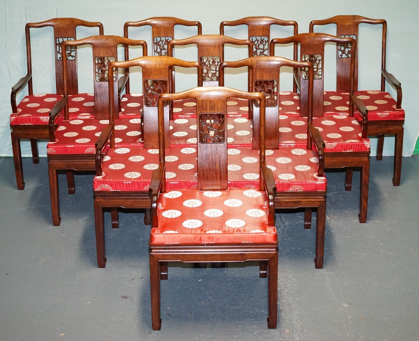 SET OF TEN VINTAGE ORIENTAL CHINESE HARDWOOD CARVER DINING ARMCHAIRS W/ CUSHIONS