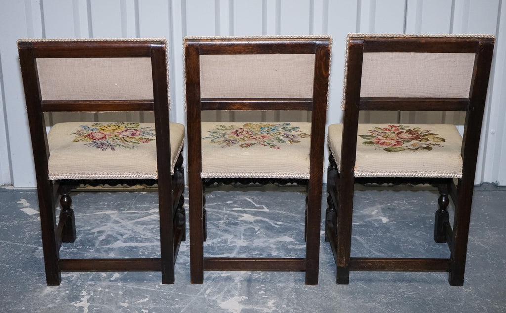 ENGLISH VICTORIAN SET OF SIX ORIGINAL FLORAL TAPESTRY UPHOLSTERY DINNING CHAIRS