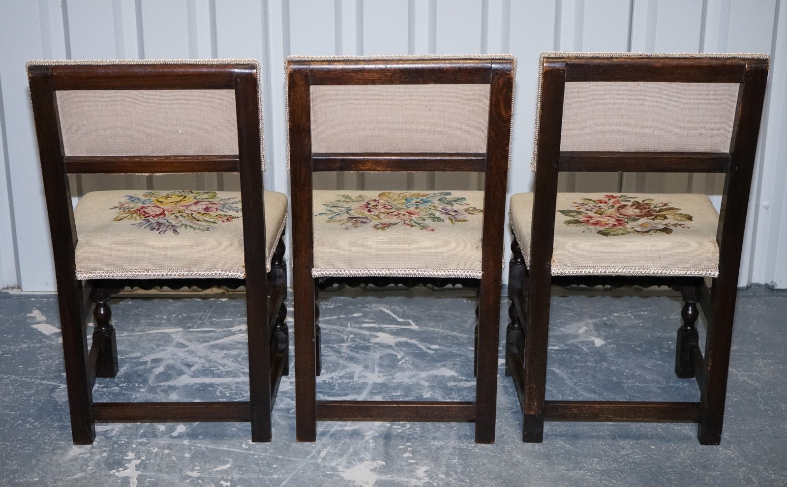 ENGLISH VICTORIAN SET OF SIX ORIGINAL FLORAL TAPESTRY UPHOLSTERY DINNING CHAIRS