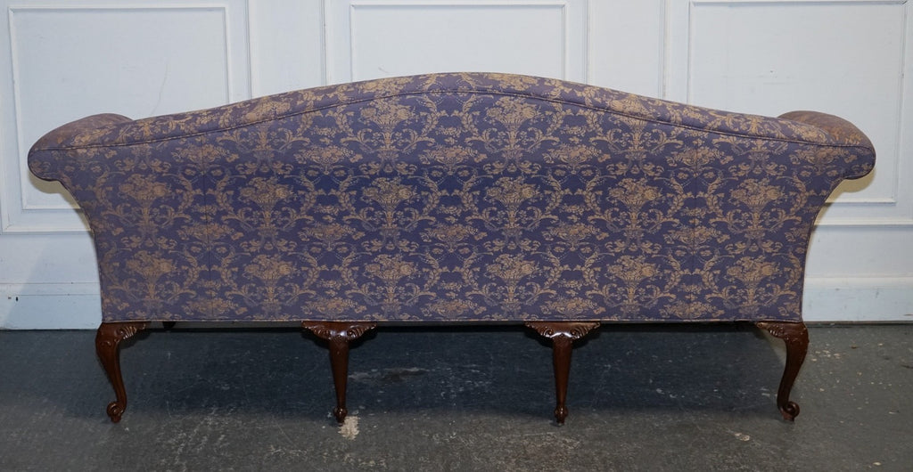 ANTIQUE ENGLISH COUNTRY HOUSE CHIPPENDALE CAMEL BACK FABRIC THREE SEATER SOFA