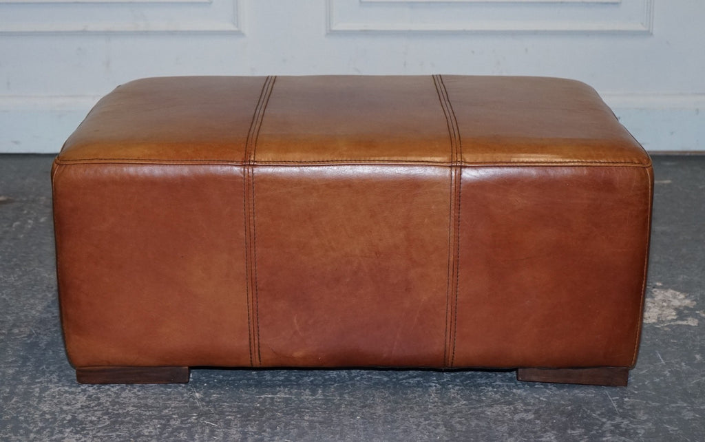 VINTAGE LARGE TAN LEATHER FOOTSTOOL OTTOMAN MADE BY HALO