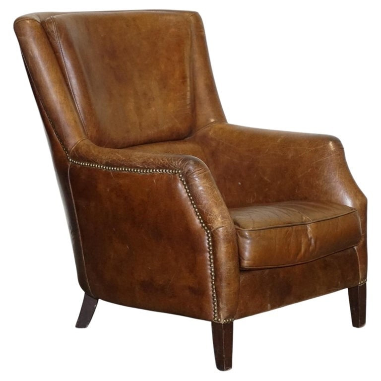 VINTAGE BROWN HERITAGE LEATHER READING LOUNGE ARMCHAIR HALO TIMOTHY OULTON STYLE