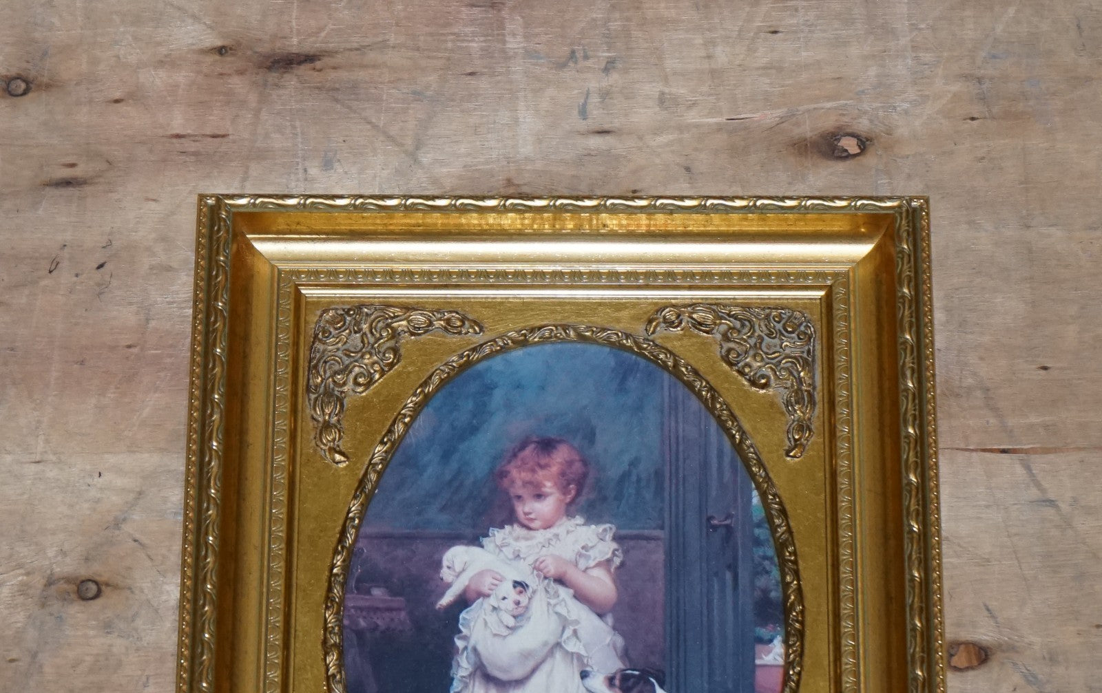 VINTAGE VICTORIAN STYLE PRINT GIRL WITH DOG AND PUPPIES GITLED FRAME 52 X 42 CM