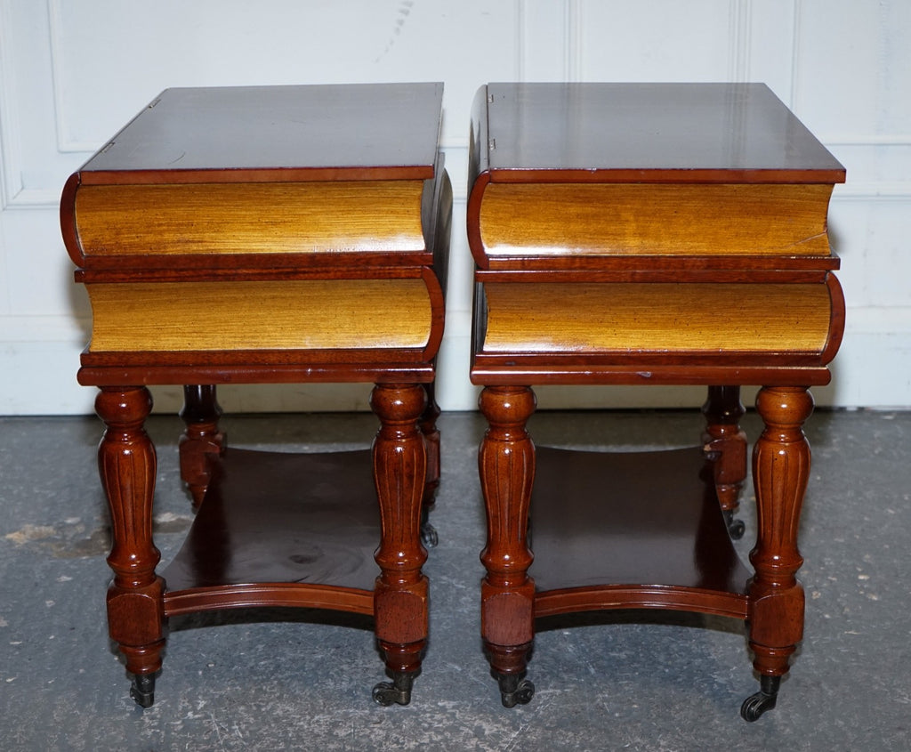 MATCHING PAIR OF WOODEN FAUX BOOKS STACK SIDE END WINE TABLES WITH STORAGE