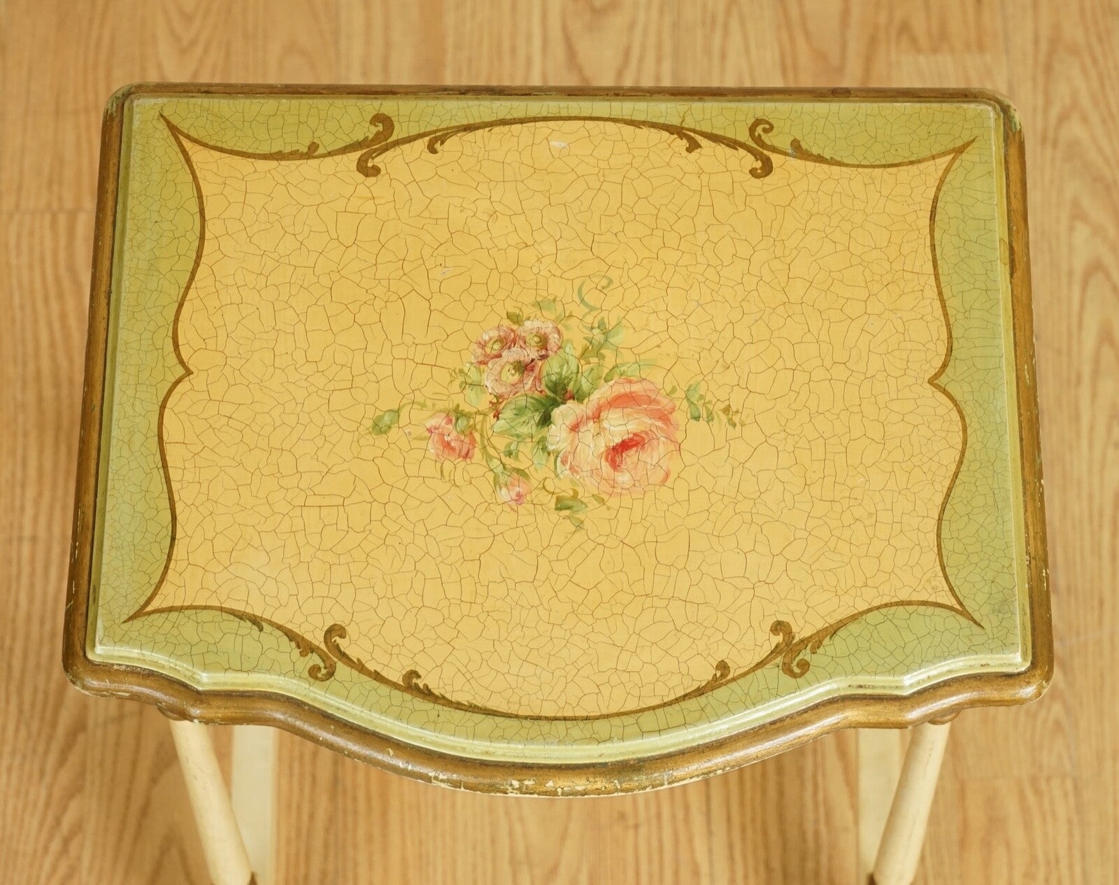 VINTAGE FRENCH HAND PAINTED FLORAL NEST OF TABLES