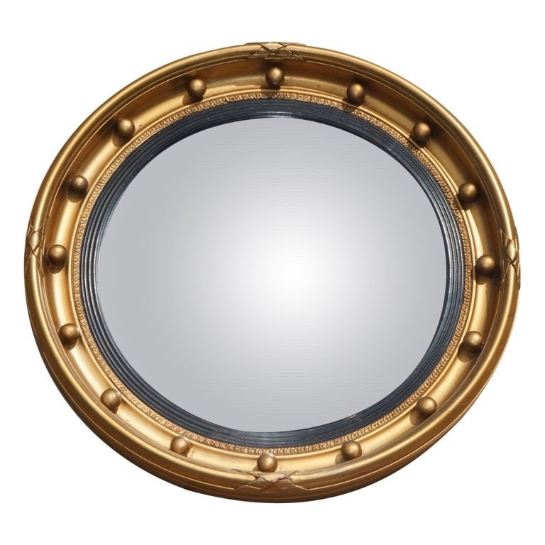 ANTIQUE 1920S BUTLERS CONVEX GOLD GILT WOOD WALL MIRROR